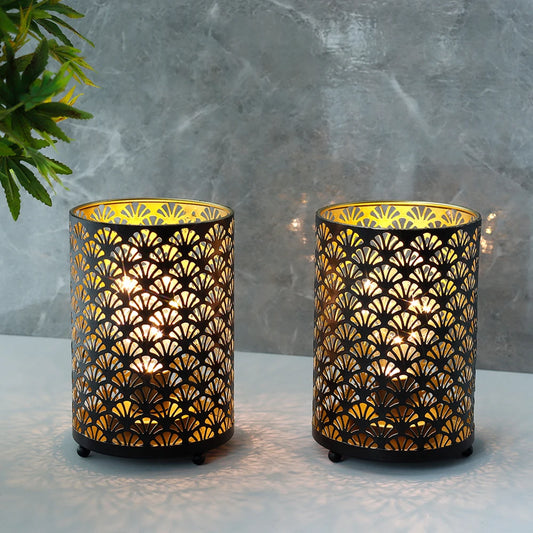2Pcs Black Metal Table Lamp LED Lantern Battery Powered Lights Cordless