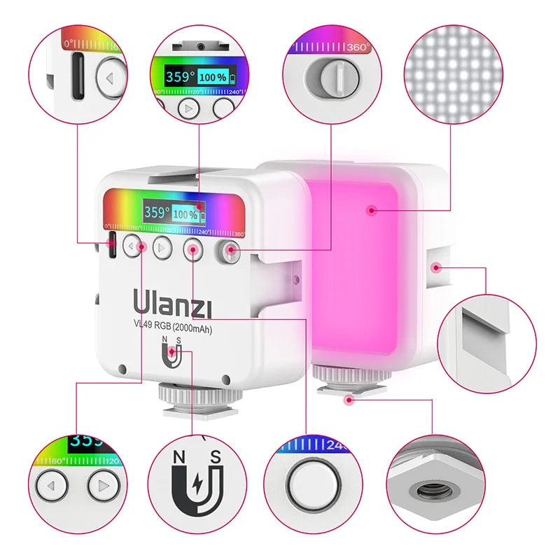 Full Color RGB LED Video Light 2500K-9000K 800LUX Magnetic