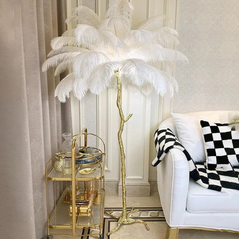 Ostrich Feather Led Floor Lamp Copper Resin Bedroom Bedside Standing Table Light Royal Lights & Home Decor