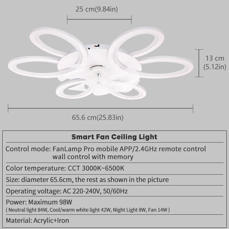 Ceiling Lamp Fan Silent 6 Speed APP Remote Control