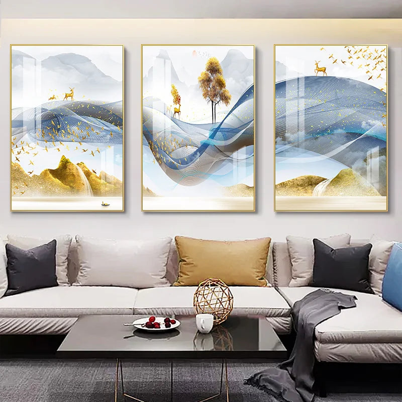3 Pieces Nordic Luxury Ribbon Abstract Landscape Wall Art Royal Lights & Home Decor