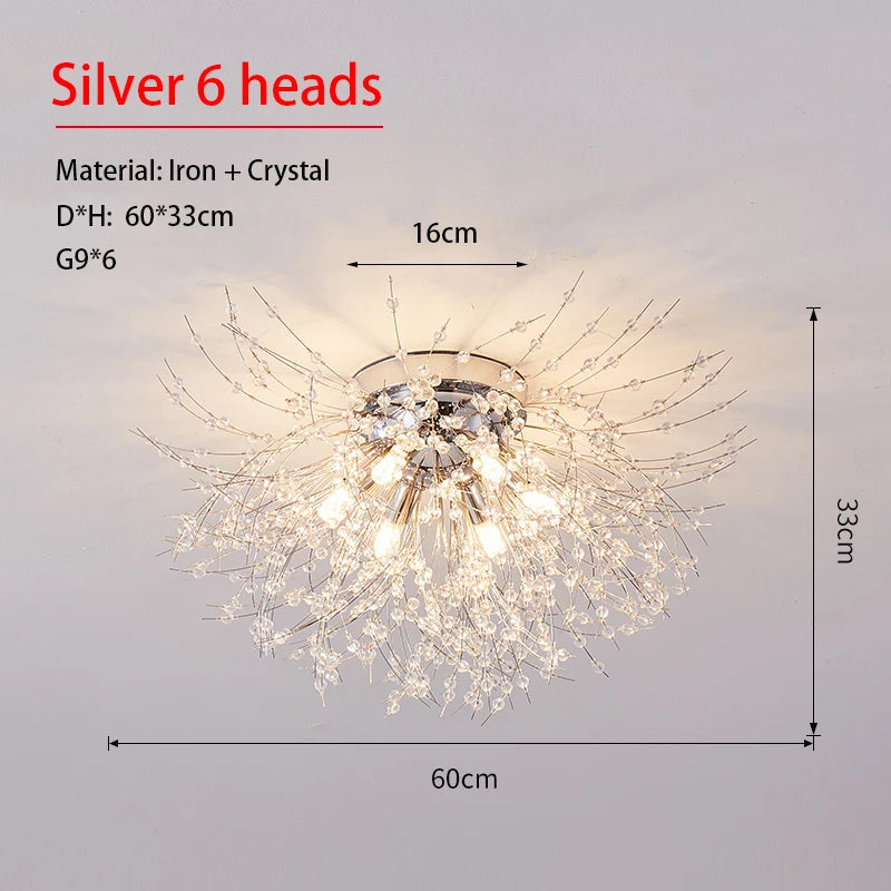 Ceiling light fixture with silver finish and crystal details, labeled 'Silver 6 heads', on a gray background.