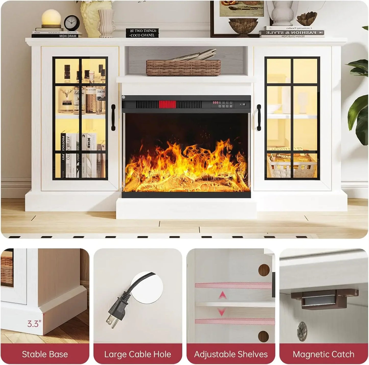 59'' Fireplace 3 Sided Glass Entertainment Center Console Table for TVs up to 65''