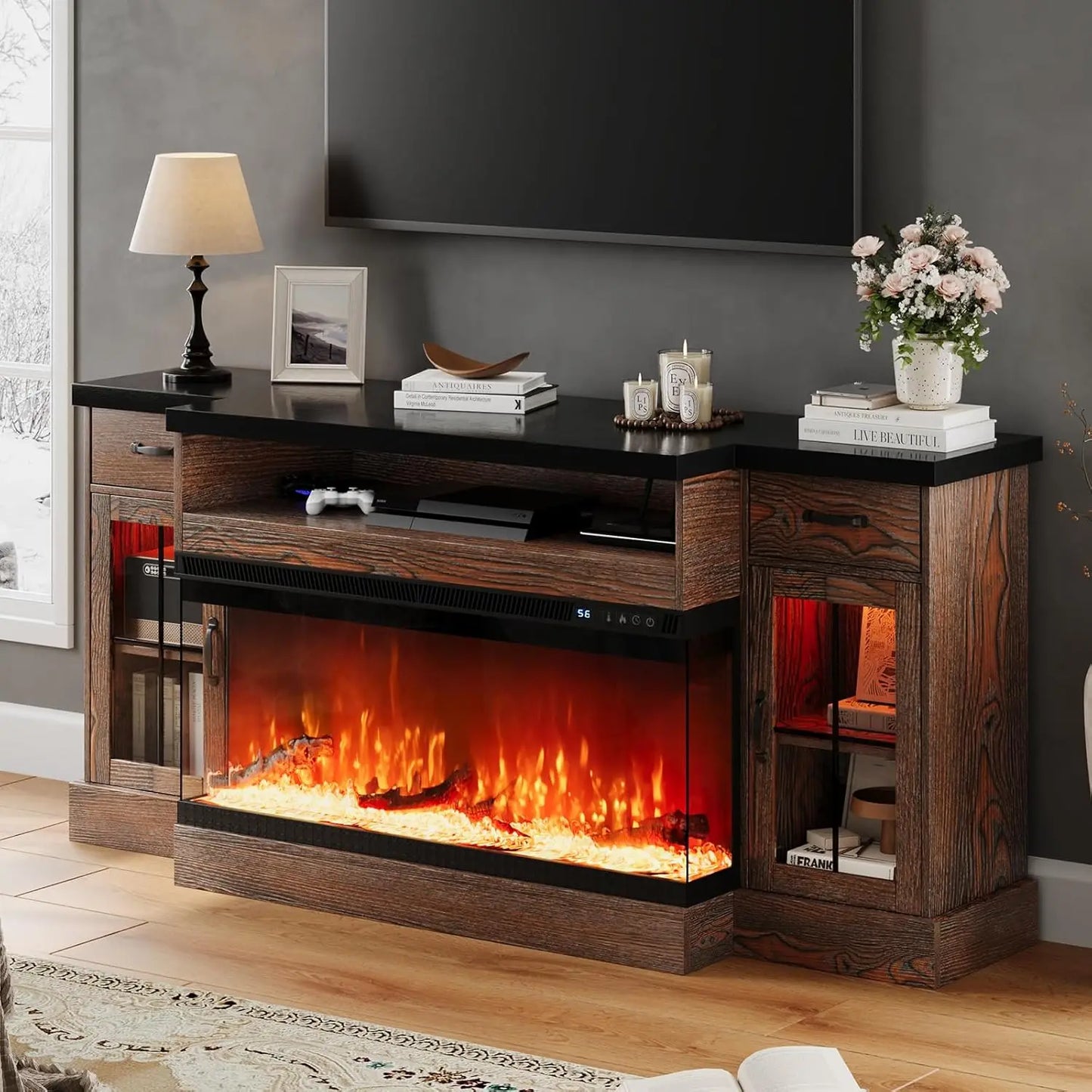 70" Farmhouse Fireplace Entertainment Center with Storage Cabinets, Console Table
