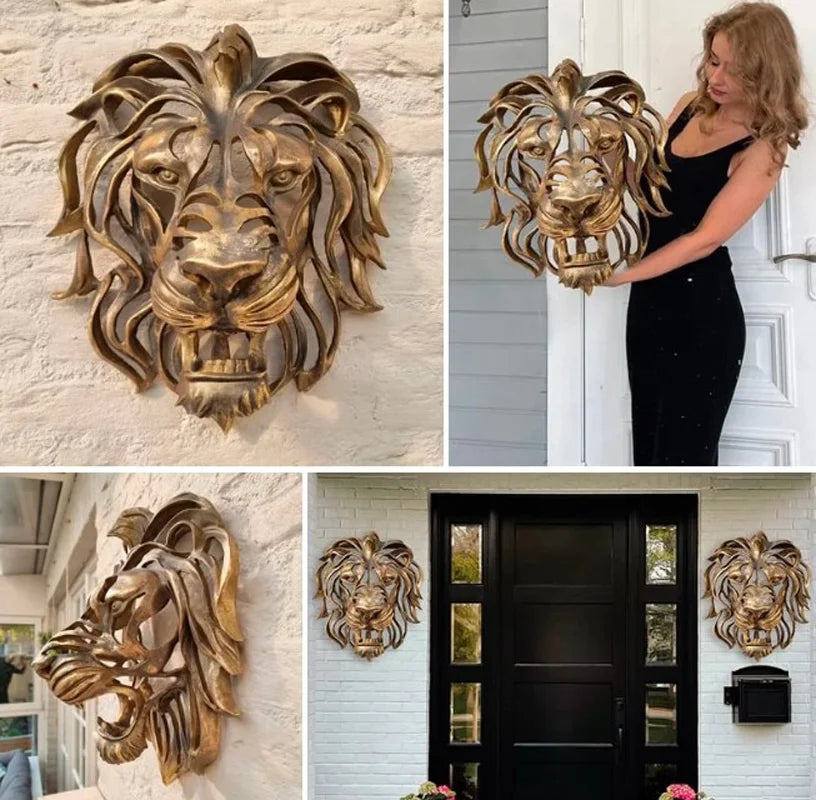 Significant Lion Head Wall Mounted Art Sculpture Gold Resin - Royal Lights & Home Decor