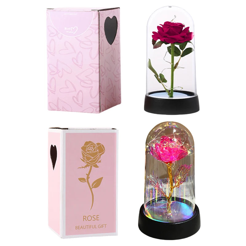 Artificial Rose Flowers Eternal Rose LED Light Foil Flower in Glass Cover