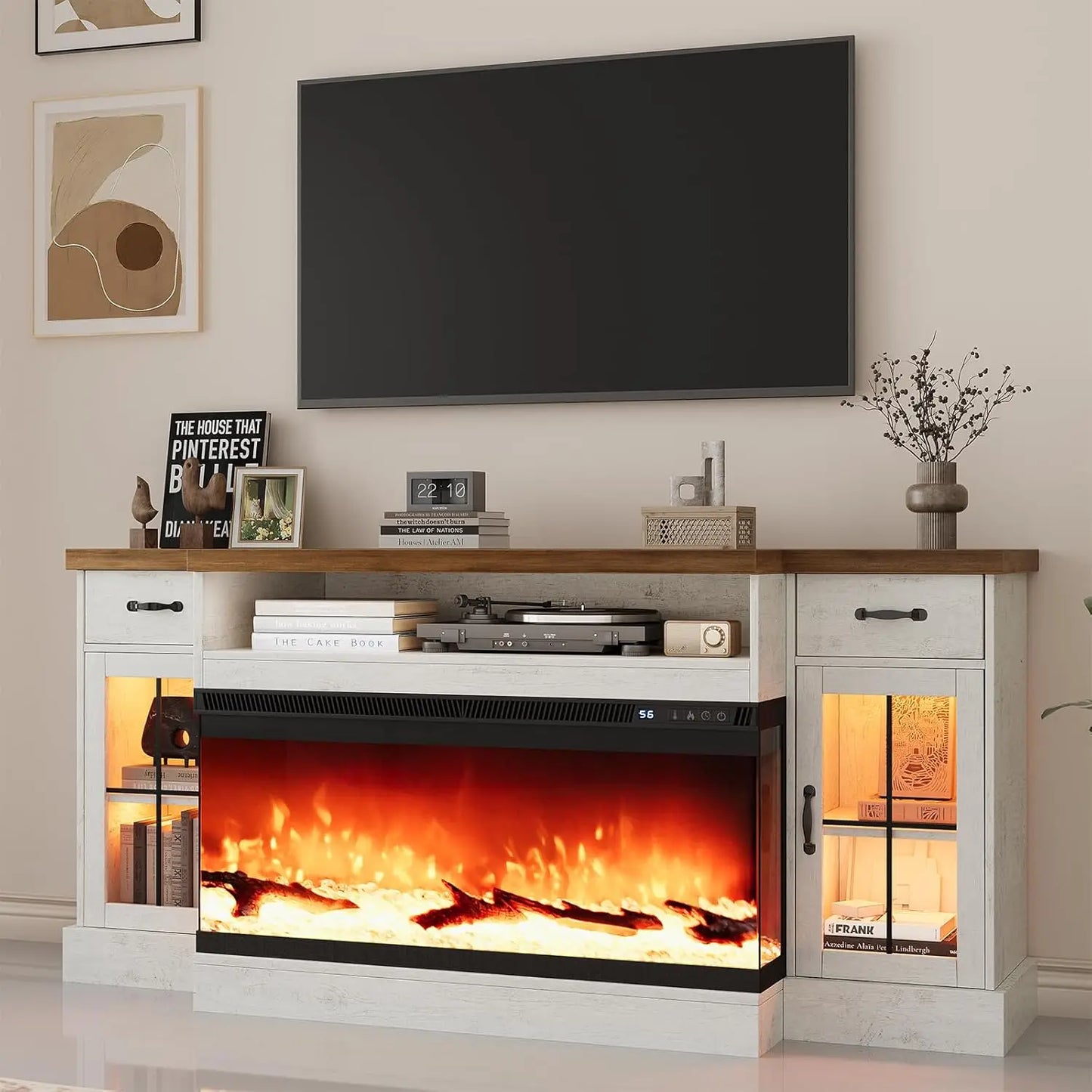 70" Farmhouse Fireplace Entertainment Center with Storage Cabinets, Console Table