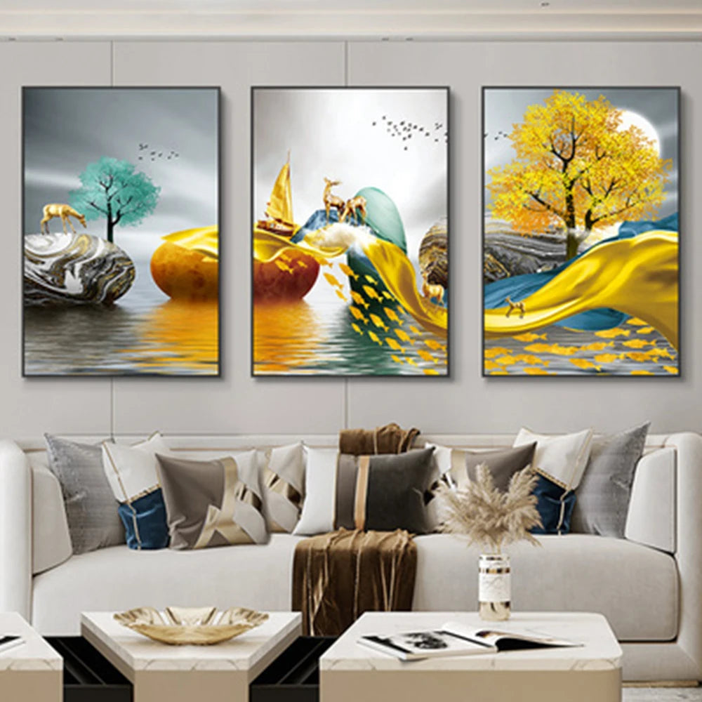 3 Pieces Nordic Luxury Ribbon Abstract Landscape Wall Art Royal Lights & Home Decor