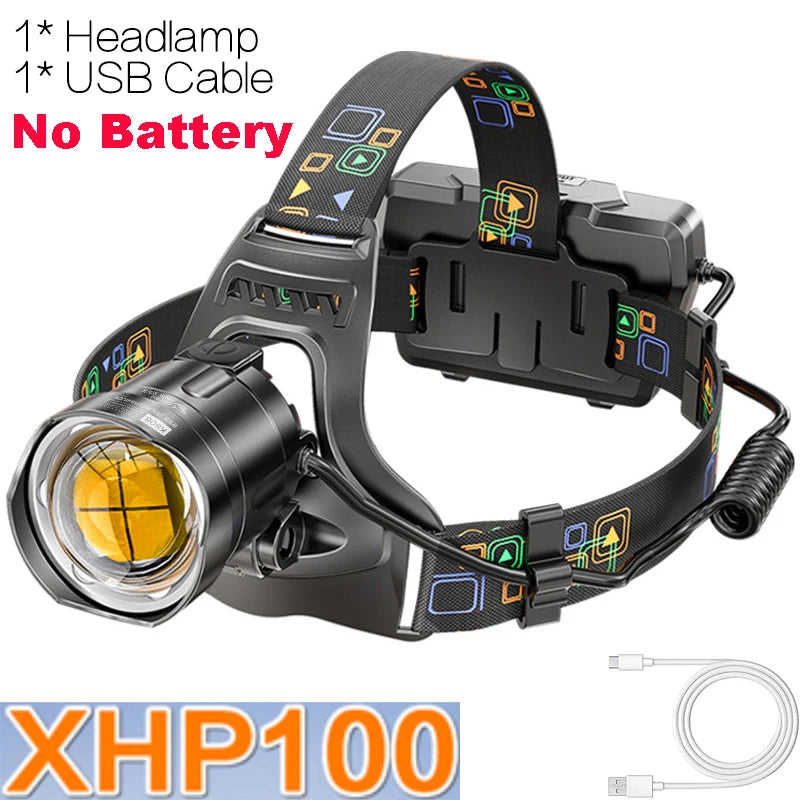 Powerful XHP100 Led Headlamp Zoomable USB Rechargeable High Power Headlight