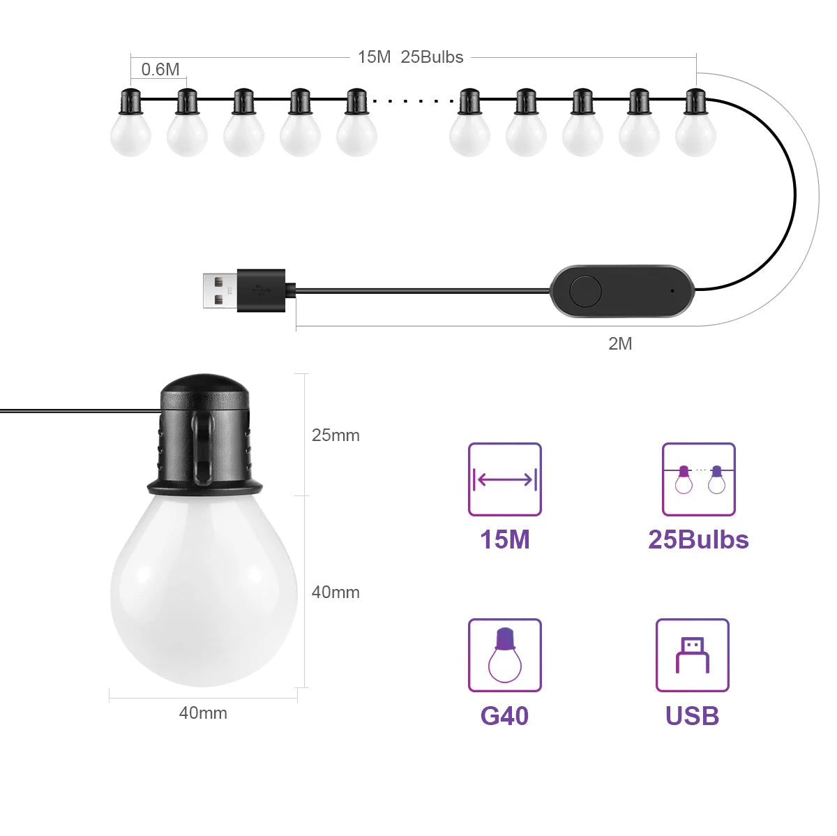 Smart WIFI G40 LED Bulb String Light USB 15M 25 Blubs Fairy Lights Royal Lights & Home Decor