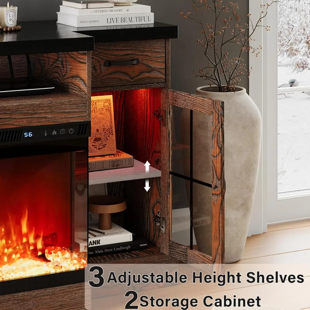 70" Farmhouse Fireplace Entertainment Center with Storage Cabinets, Console Table
