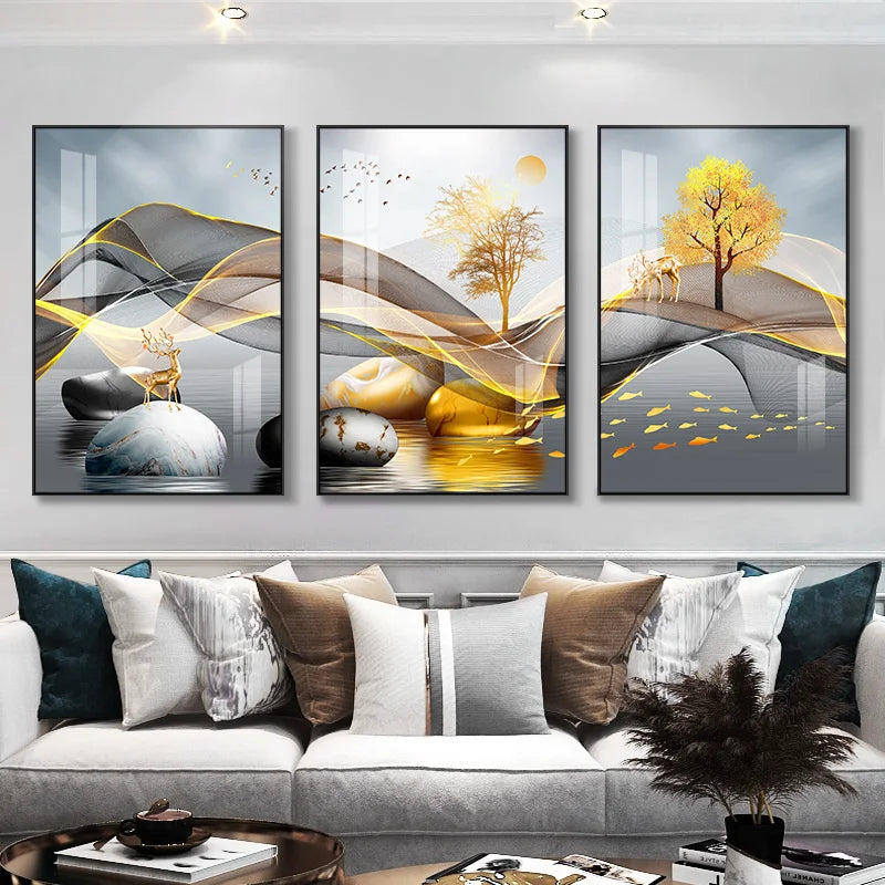 3 Pieces Nordic Luxury Ribbon Abstract Landscape Wall Art Royal Lights & Home Decor