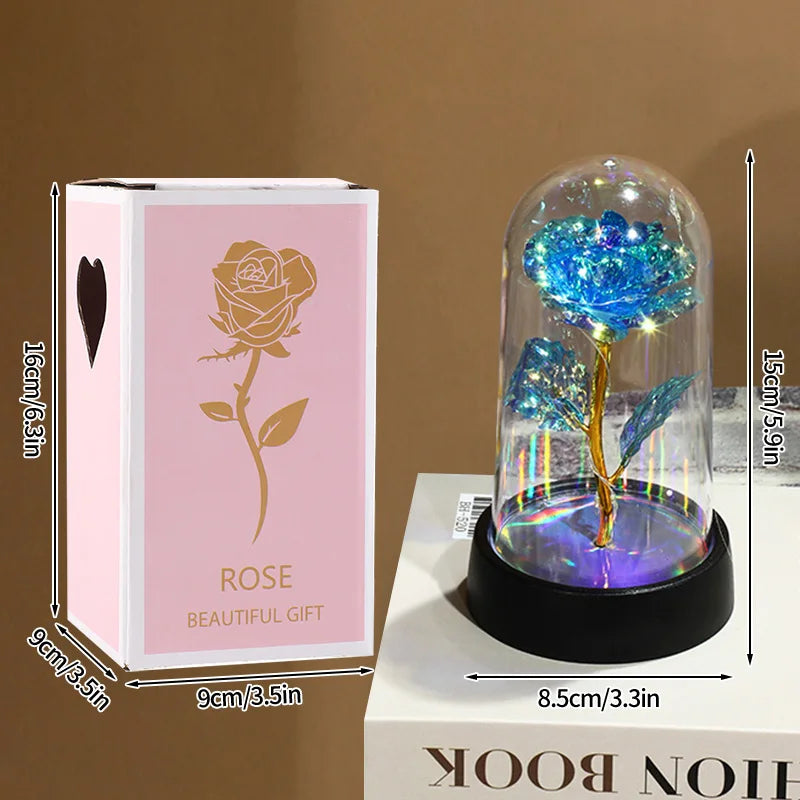 Artificial Rose Flowers Eternal Rose LED Light Foil Flower in Glass Cover