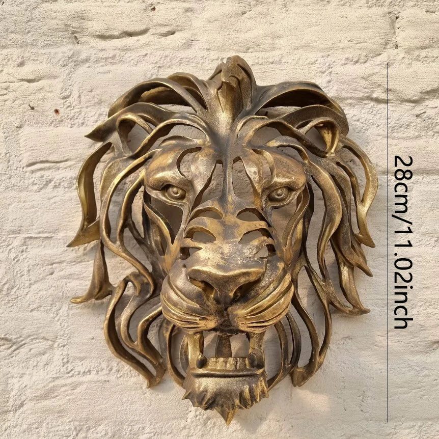 Significant Lion Head Wall Mounted Art Sculpture Gold Resin - Royal Lights & Home Decor
