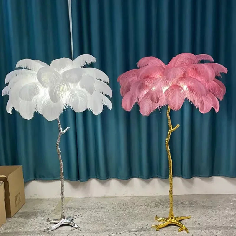 Ostrich Feather Led Floor Lamp Copper Resin Bedroom Bedside Standing Table Light Royal Lights & Home Decor