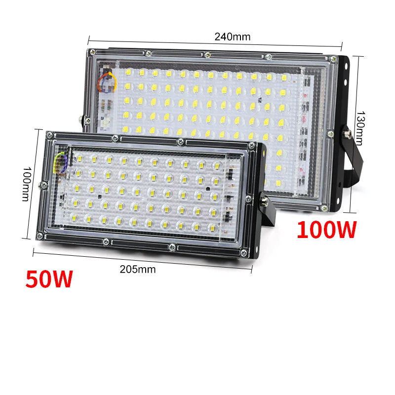 Two LED flood lights with labeled wattage and dimensions on a white background