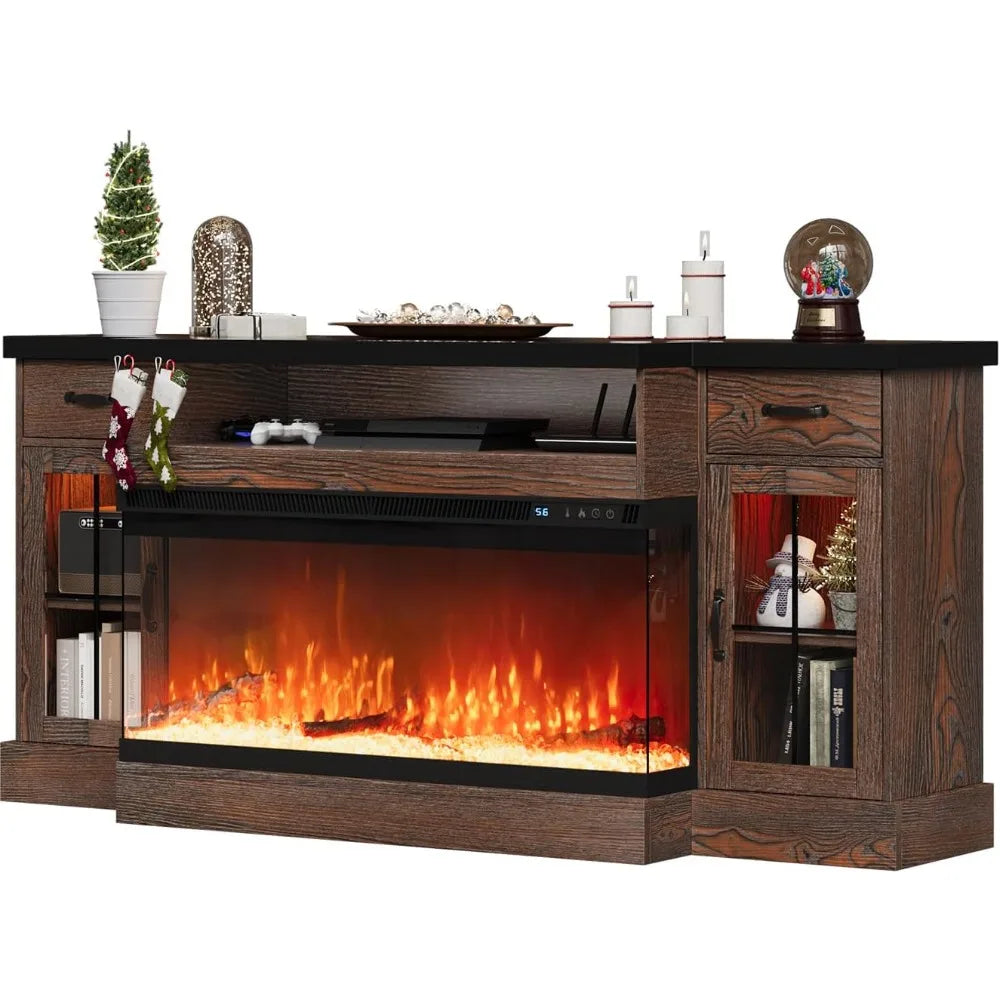 70" Farmhouse Fireplace Entertainment Center with Storage Cabinets, Console Table