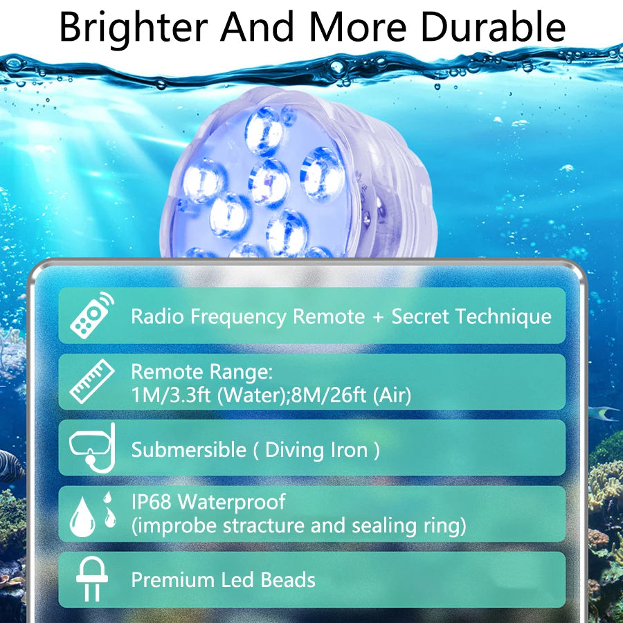 LED RGB Underwater Lights with Magnetic Suction Cups 16 Color Lights