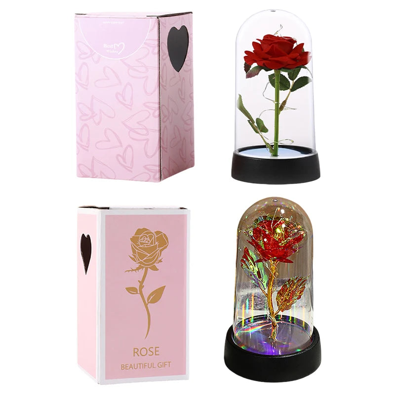 Artificial Rose Flowers Eternal Rose LED Light Foil Flower in Glass Cover