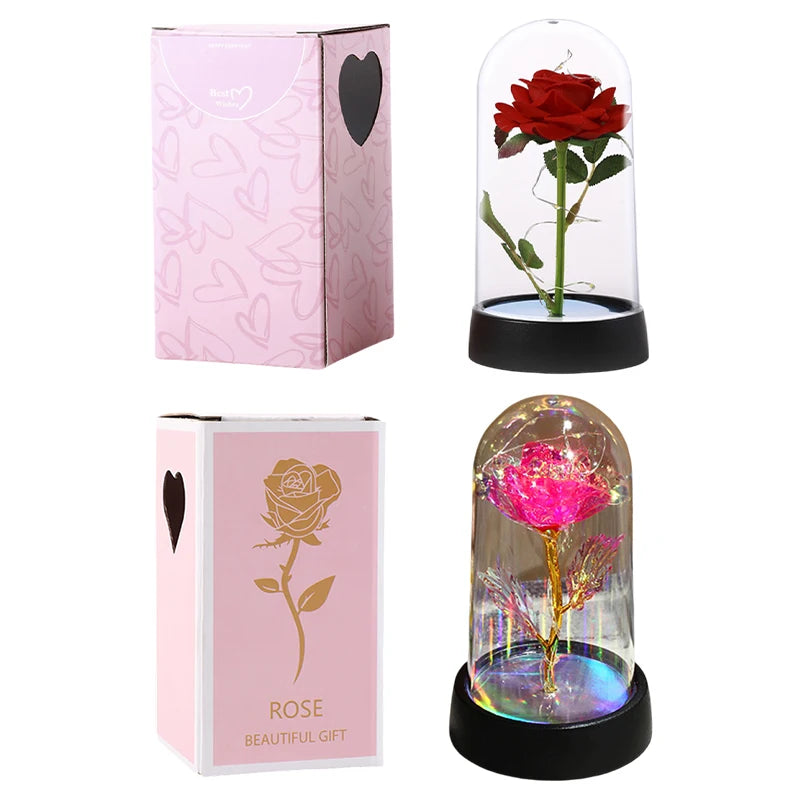 Artificial Rose Flowers Eternal Rose LED Light Foil Flower in Glass Cover