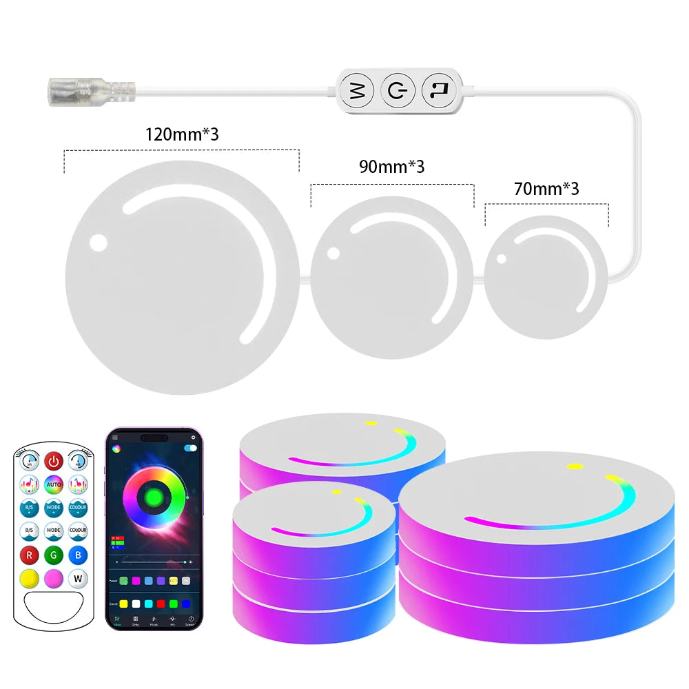 RGB LED strip lights with remote control and smartphone app on a white background