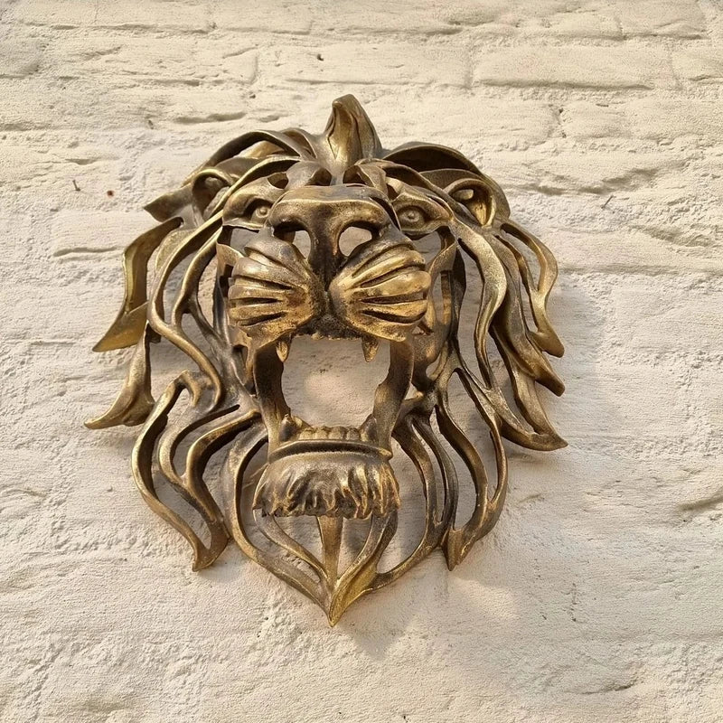 Significant Lion Head Wall Mounted Art Sculpture Gold Resin - Royal Lights & Home Decor