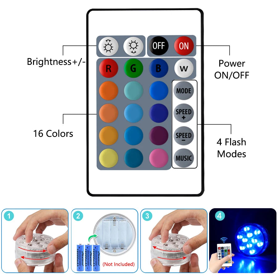 LED RGB Underwater Lights with Magnetic Suction Cups 16 Color Lights