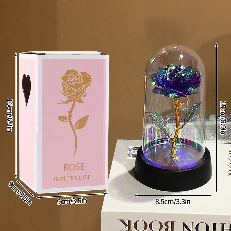 Artificial Rose Flowers Eternal Rose LED Light Foil Flower in Glass Cover