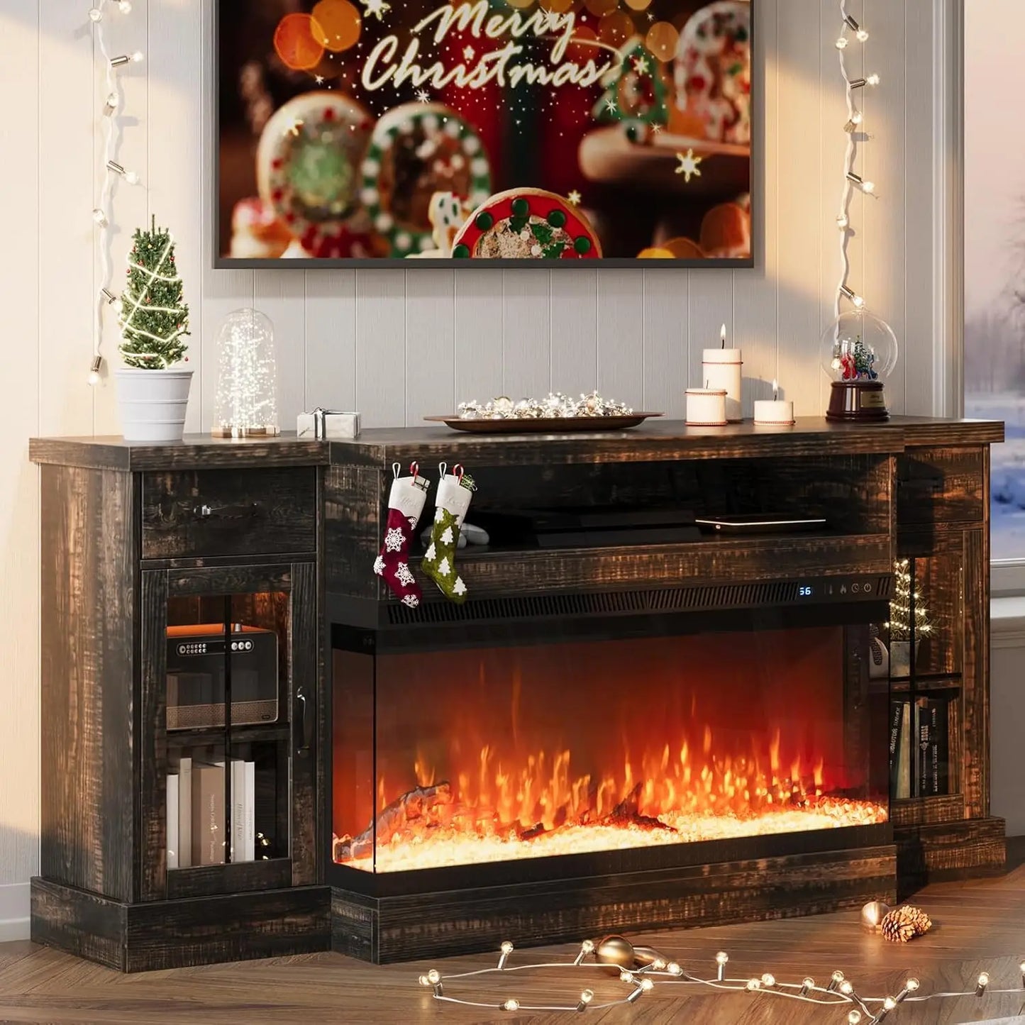 70" Farmhouse Fireplace Entertainment Center with Storage Cabinets, Console Table