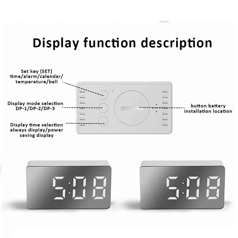 White LED Mirror Table Clock Snooze Display - Royal Lights & Home Decor