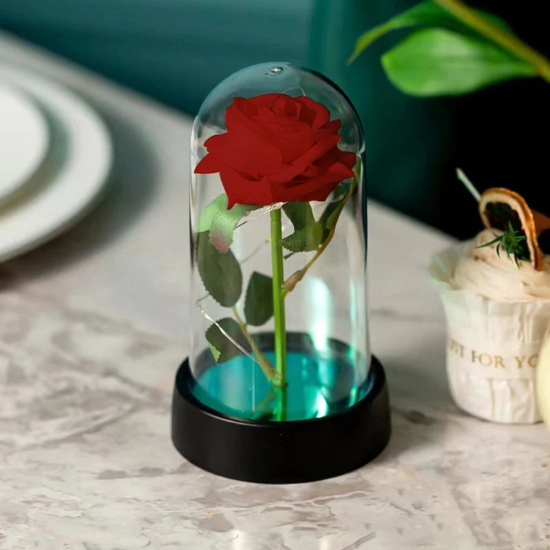 Artificial Rose Flowers Eternal Rose LED Light Foil Flower in Glass Cover
