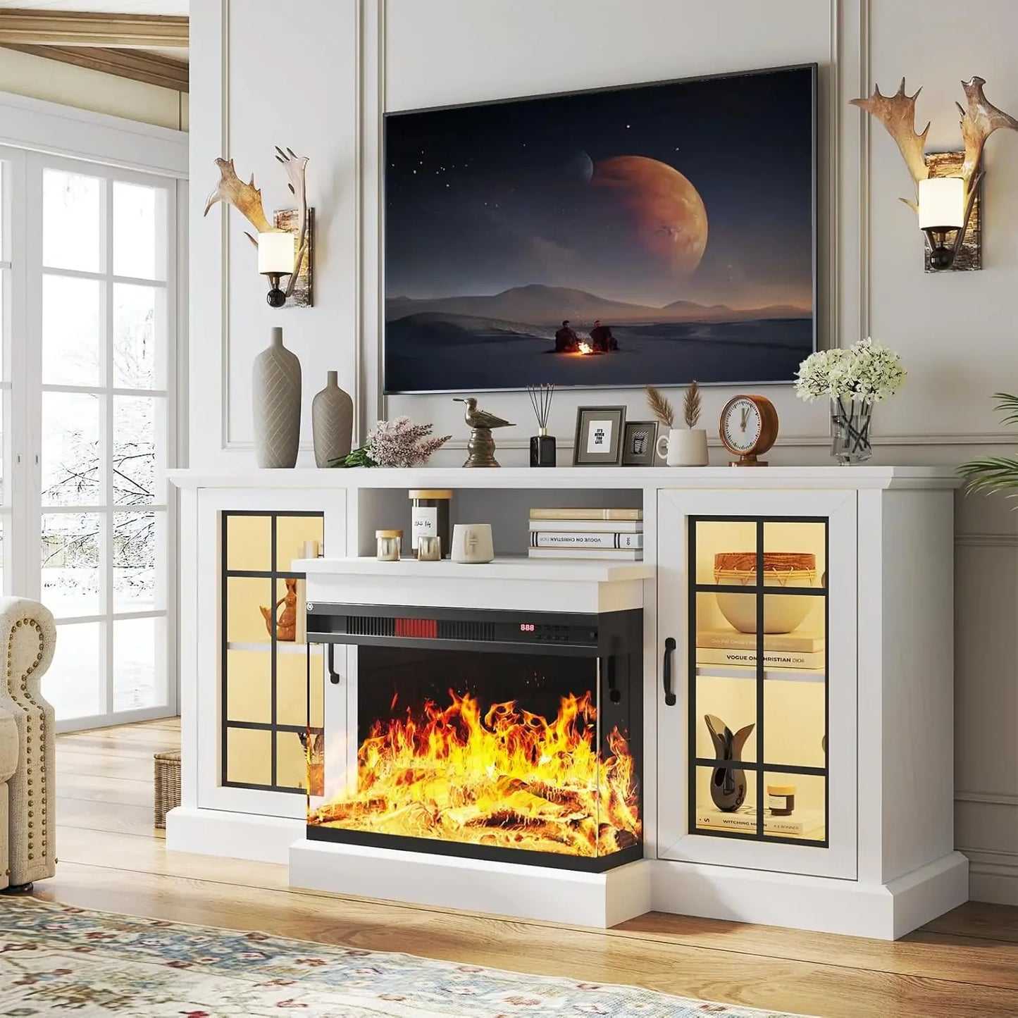 59'' Fireplace 3 Sided Glass Entertainment Center Console Table for TVs up to 65''