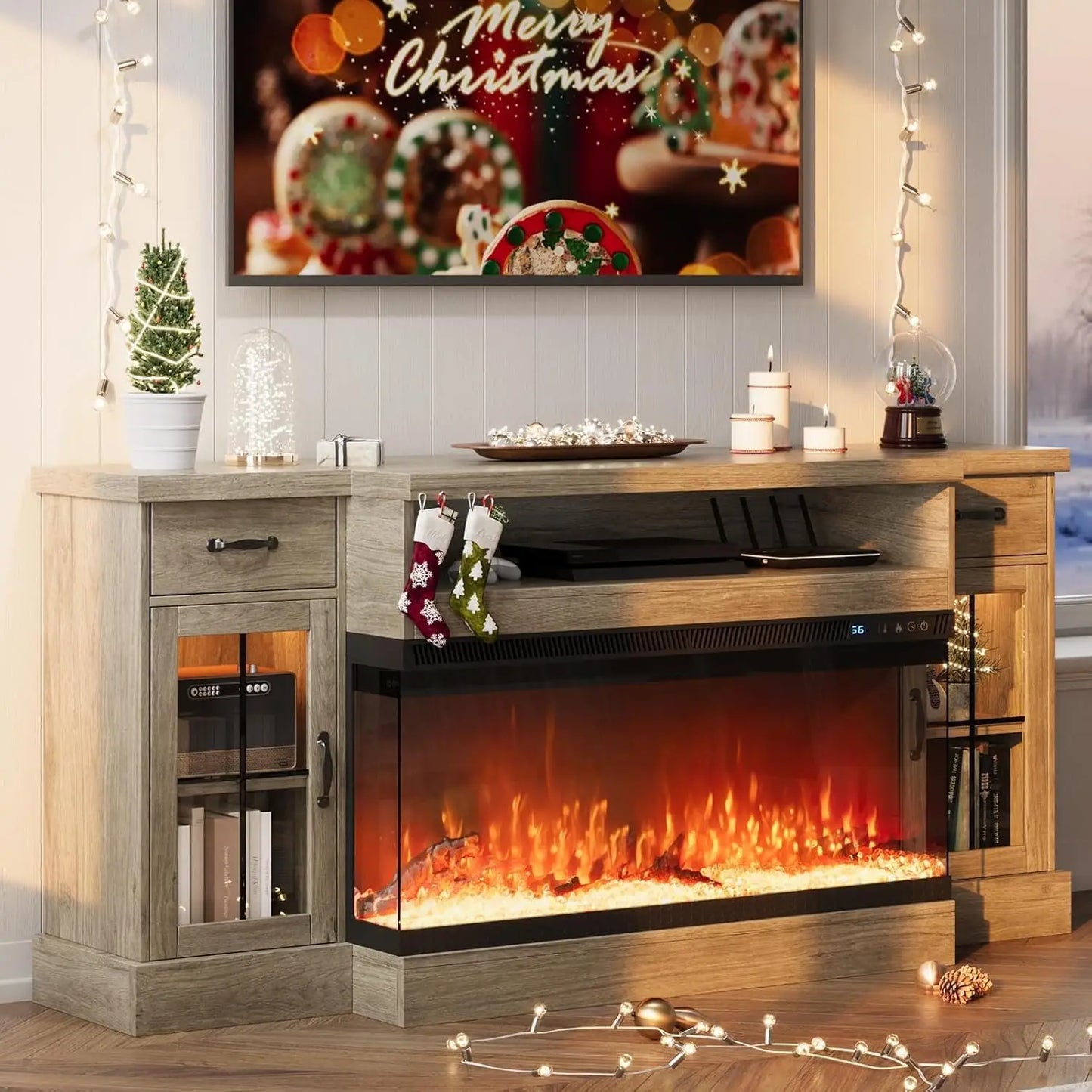 70" Farmhouse Fireplace Entertainment Center with Storage Cabinets, Console Table