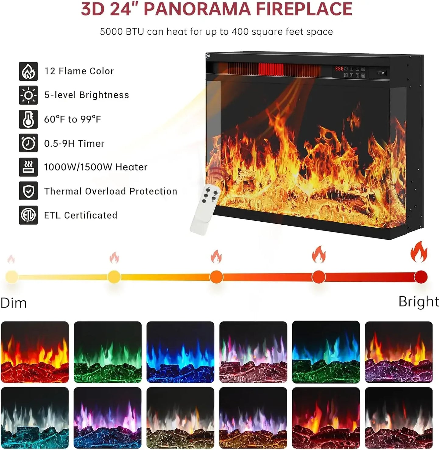 59'' Fireplace 3 Sided Glass Entertainment Center Console Table for TVs up to 65''