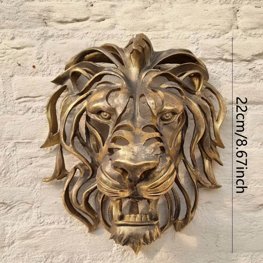 Significant Lion Head Wall Mounted Art Sculpture Gold Resin - Royal Lights & Home Decor
