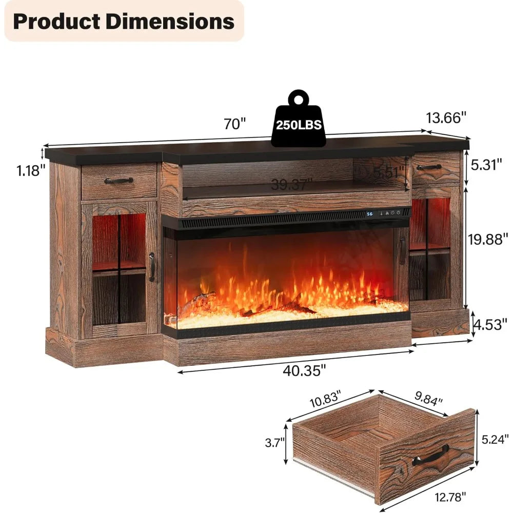 70" Farmhouse Fireplace Entertainment Center with Storage Cabinets, Console Table