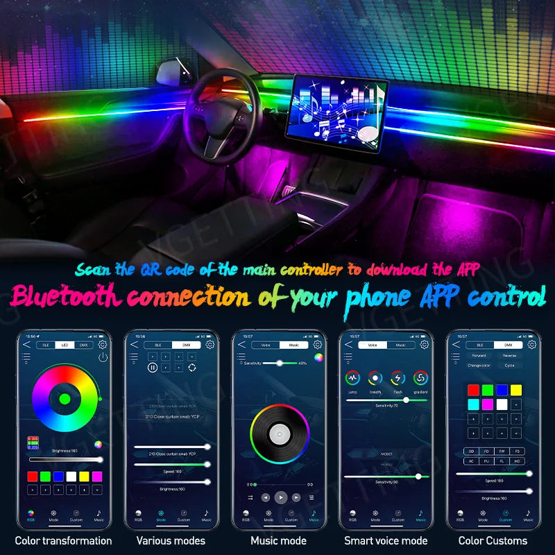 Full Color Streamer Car Ambient Lights RGB 64 Color Universal LED Interior Royal Lights & Home Decor