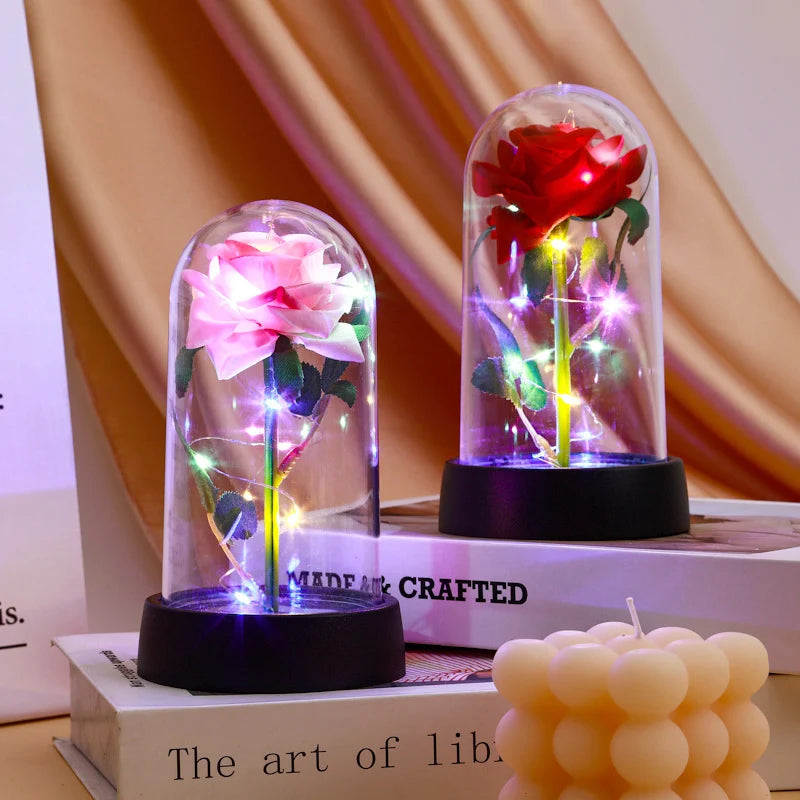 Artificial Rose Flowers Eternal Rose LED Light Foil Flower in Glass Cover