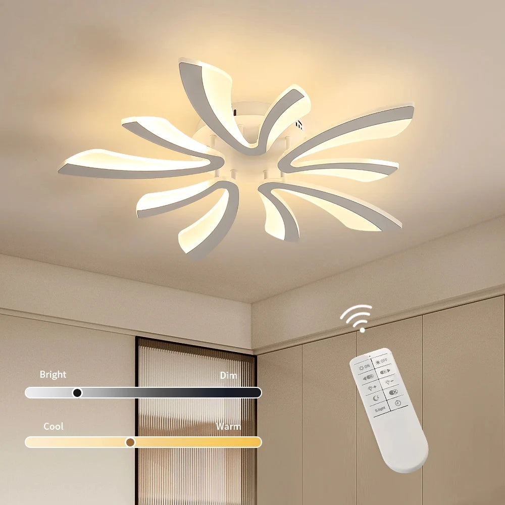 Ceiling light fixture with remote control and color temperature display in a room.