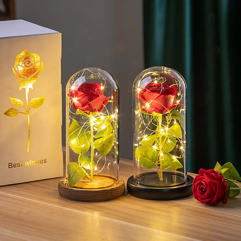Artificial Rose Flowers Eternal Rose LED Light Foil Flower in Glass Cover