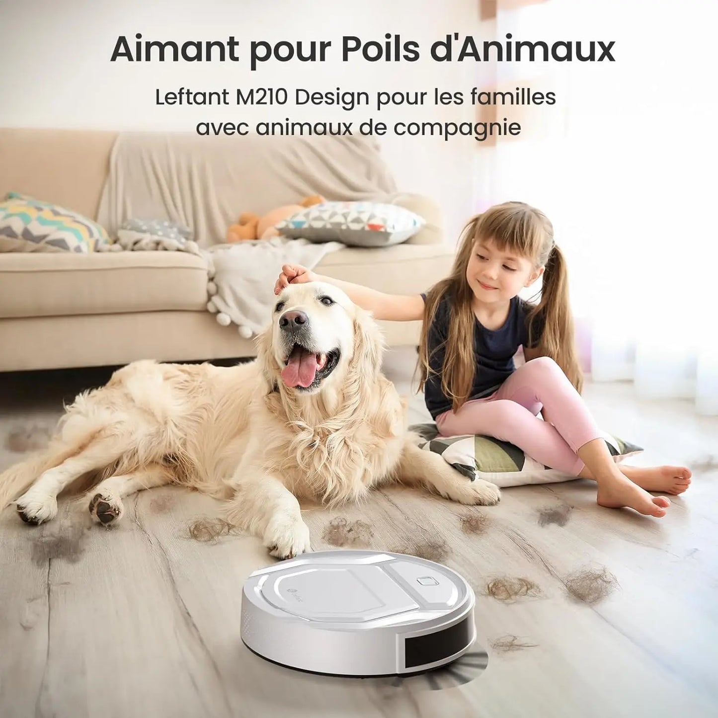 Dog and child with a robot vacuum cleaner on a carpeted floor.