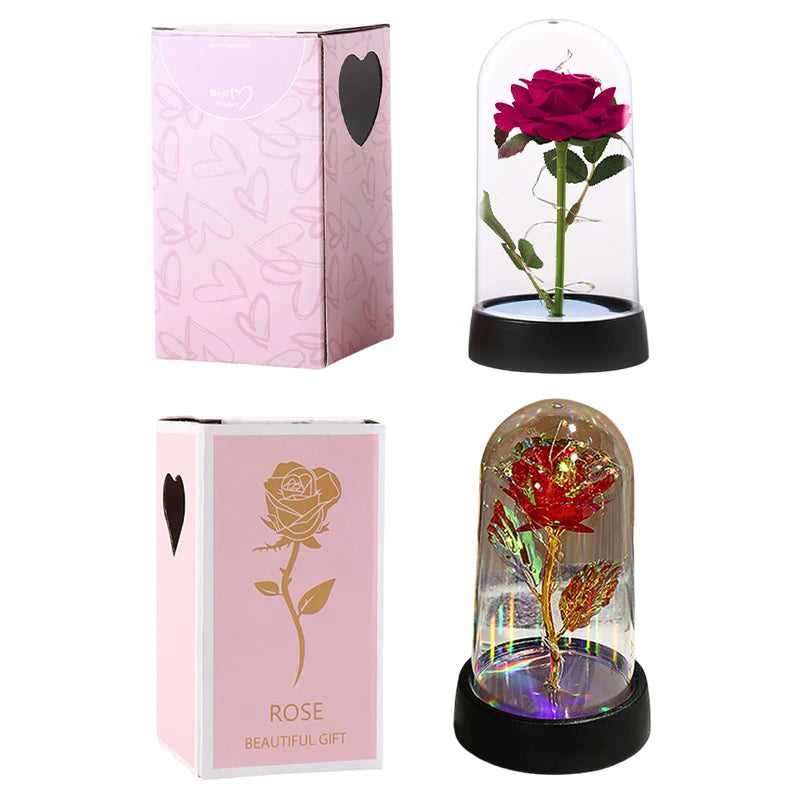 Artificial Rose Flowers Eternal Rose LED Light Foil Flower in Glass Cover
