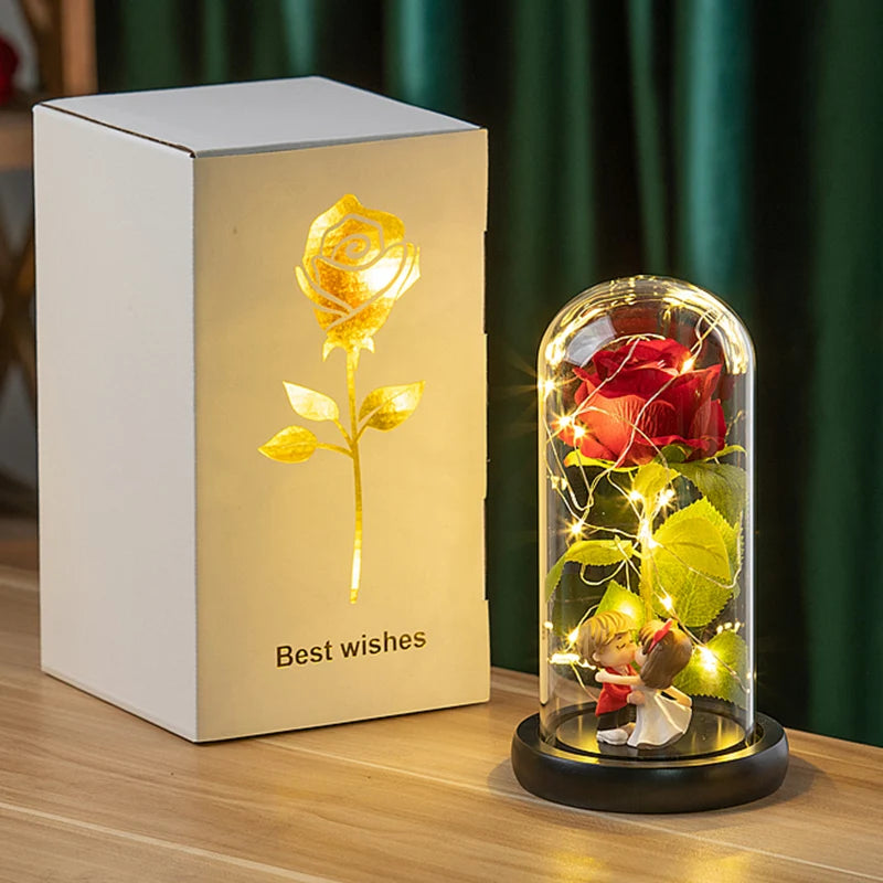 Artificial Rose Flowers Eternal Rose LED Light Foil Flower in Glass Cover