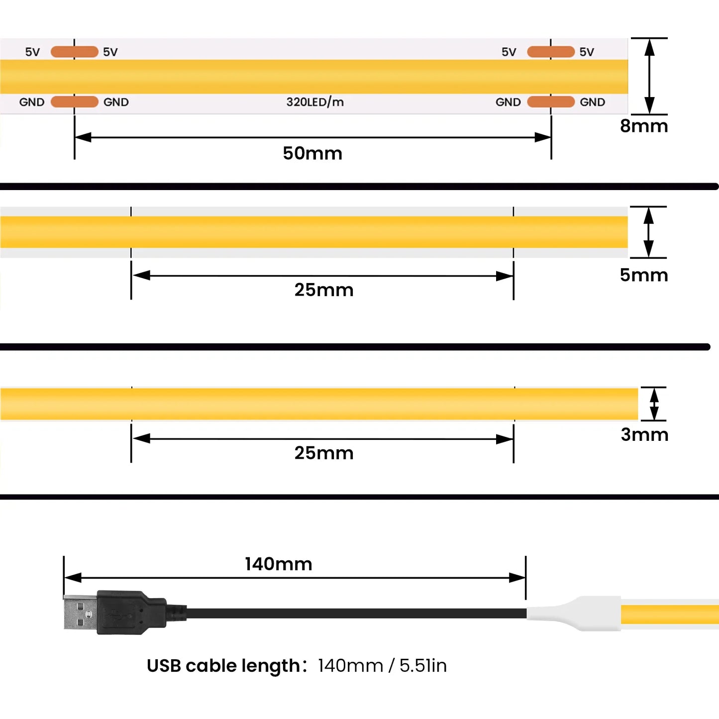 DC 5V USB COB Strip Flexible Ribbon Rope