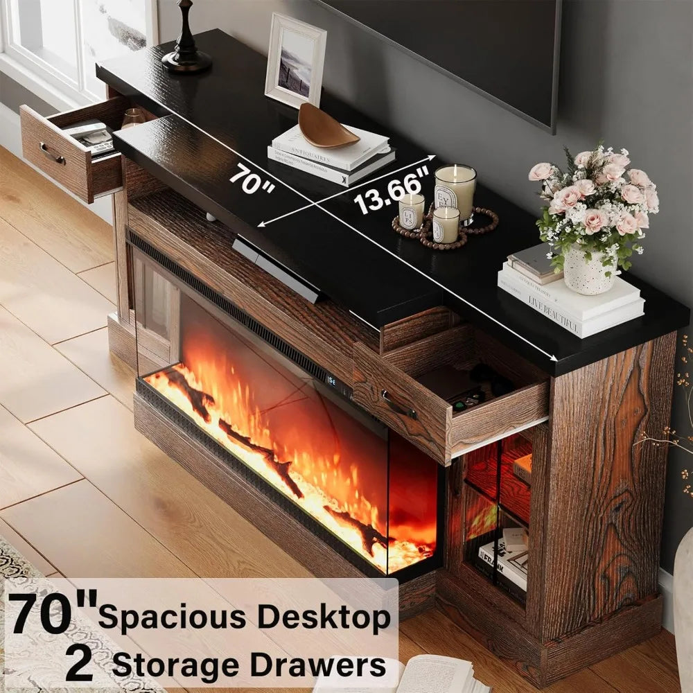 70" Farmhouse Fireplace Entertainment Center with Storage Cabinets, Console Table