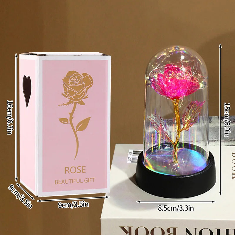 Artificial Rose Flowers Eternal Rose LED Light Foil Flower in Glass Cover