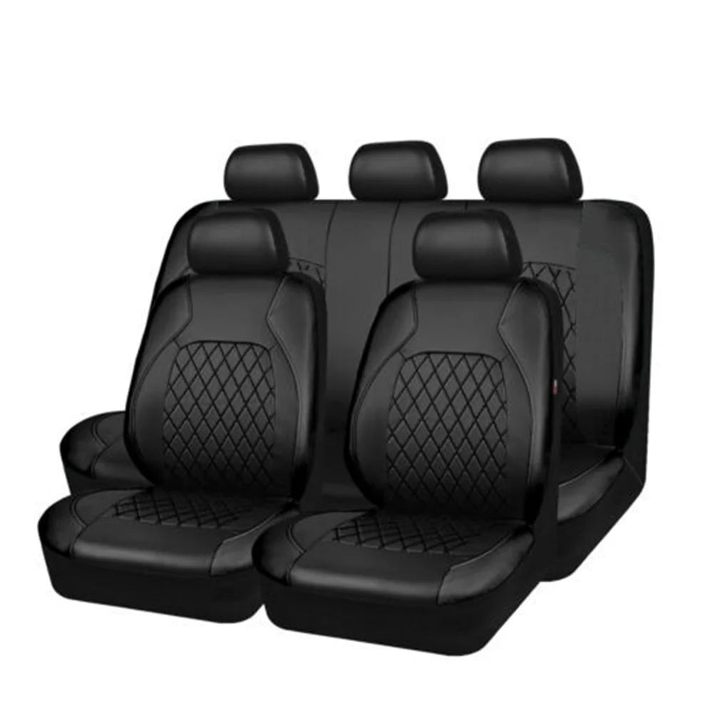 Set of black car seat covers with diamond pattern on a white background
