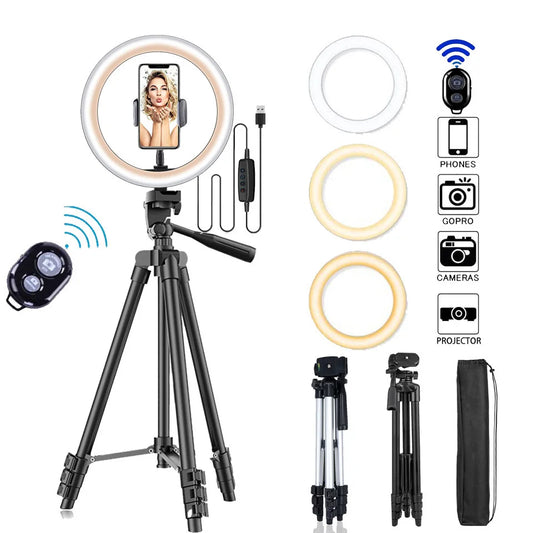 Ring light with tripod and remote control on a white background