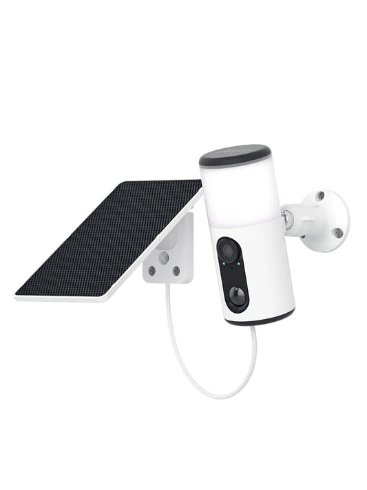 Solar-powered security camera with a solar panel on a white background, featuring the Anran brand.