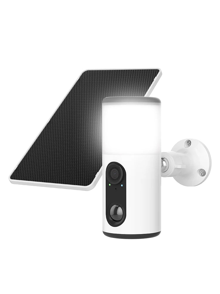 White security camera with solar panel on a white background